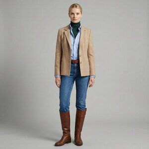 Vintage 1990s Custom Tailored Beige Wool Herringbone Blazer  S/M